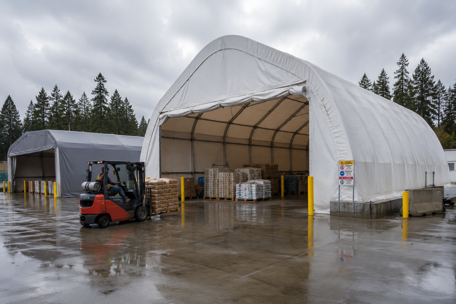 Inflatable rigid-frame and curtain-type dock shelters