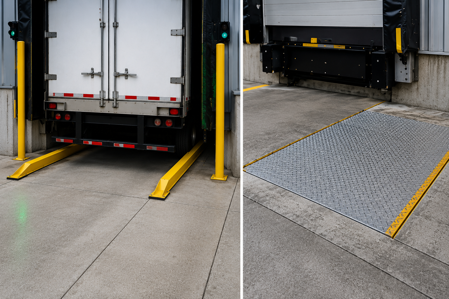 Wheel guides and anti-slip plates for loading docks